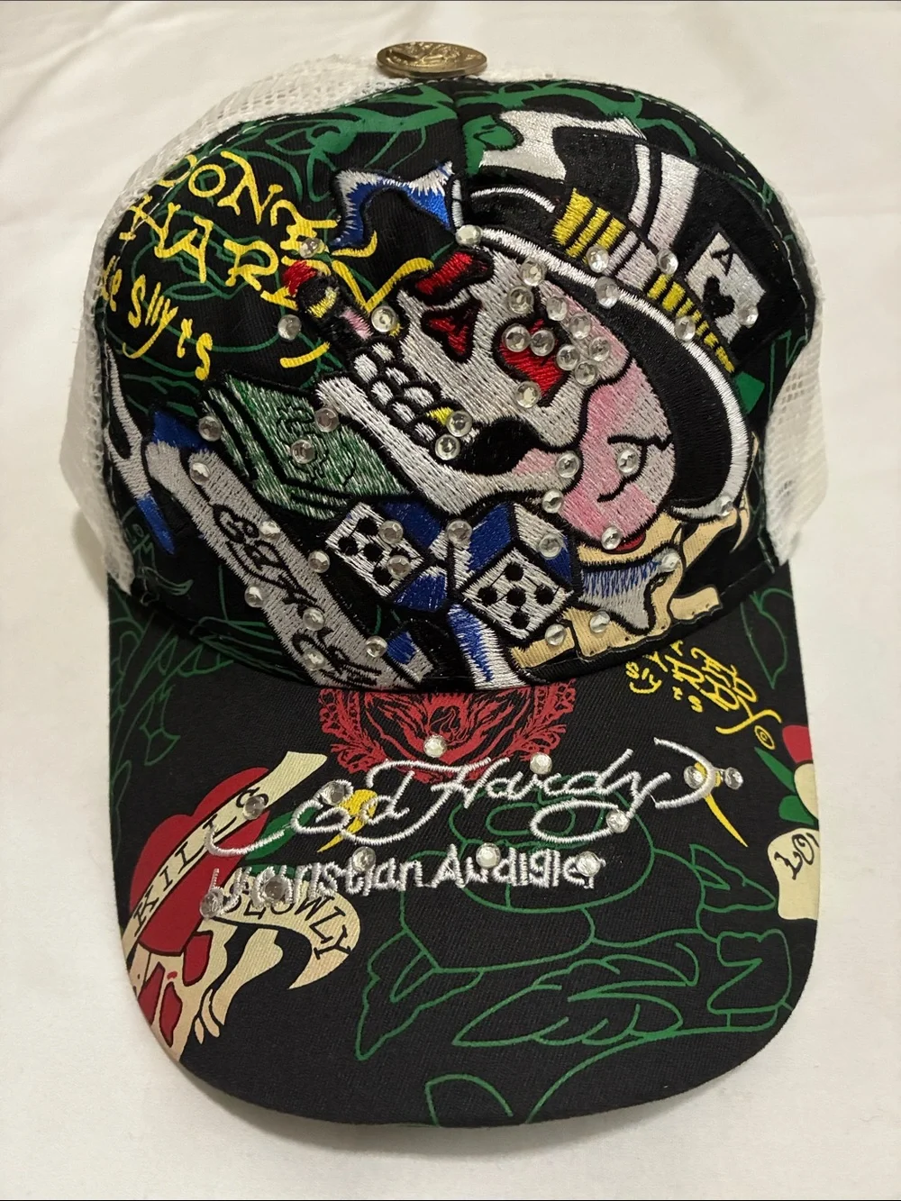 Don Ed Hardy Skull Dice Baseball Cap Trucker Hat Snapback Rhinestone Bling